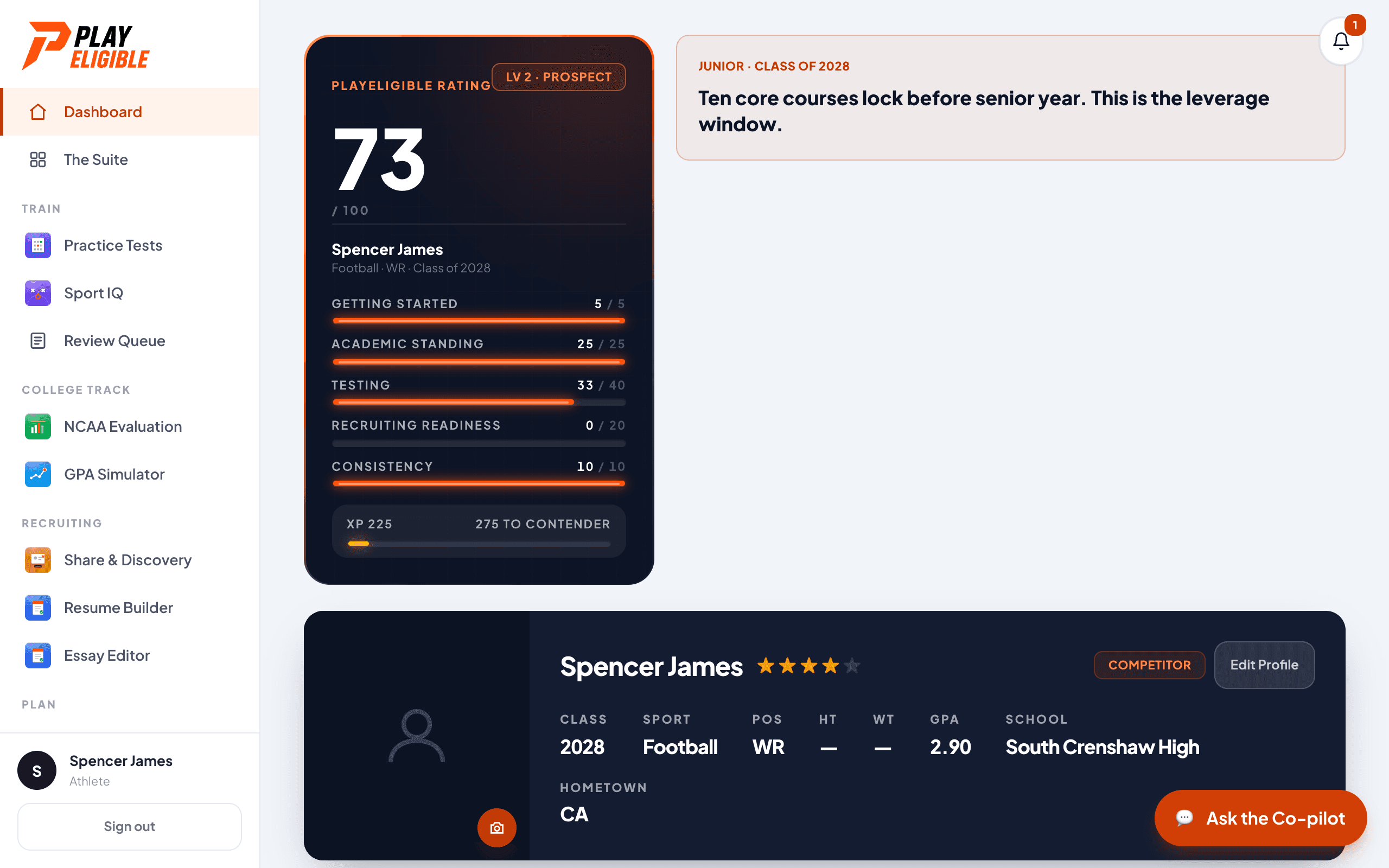 The athlete dashboard with the PlayEligible Rating
