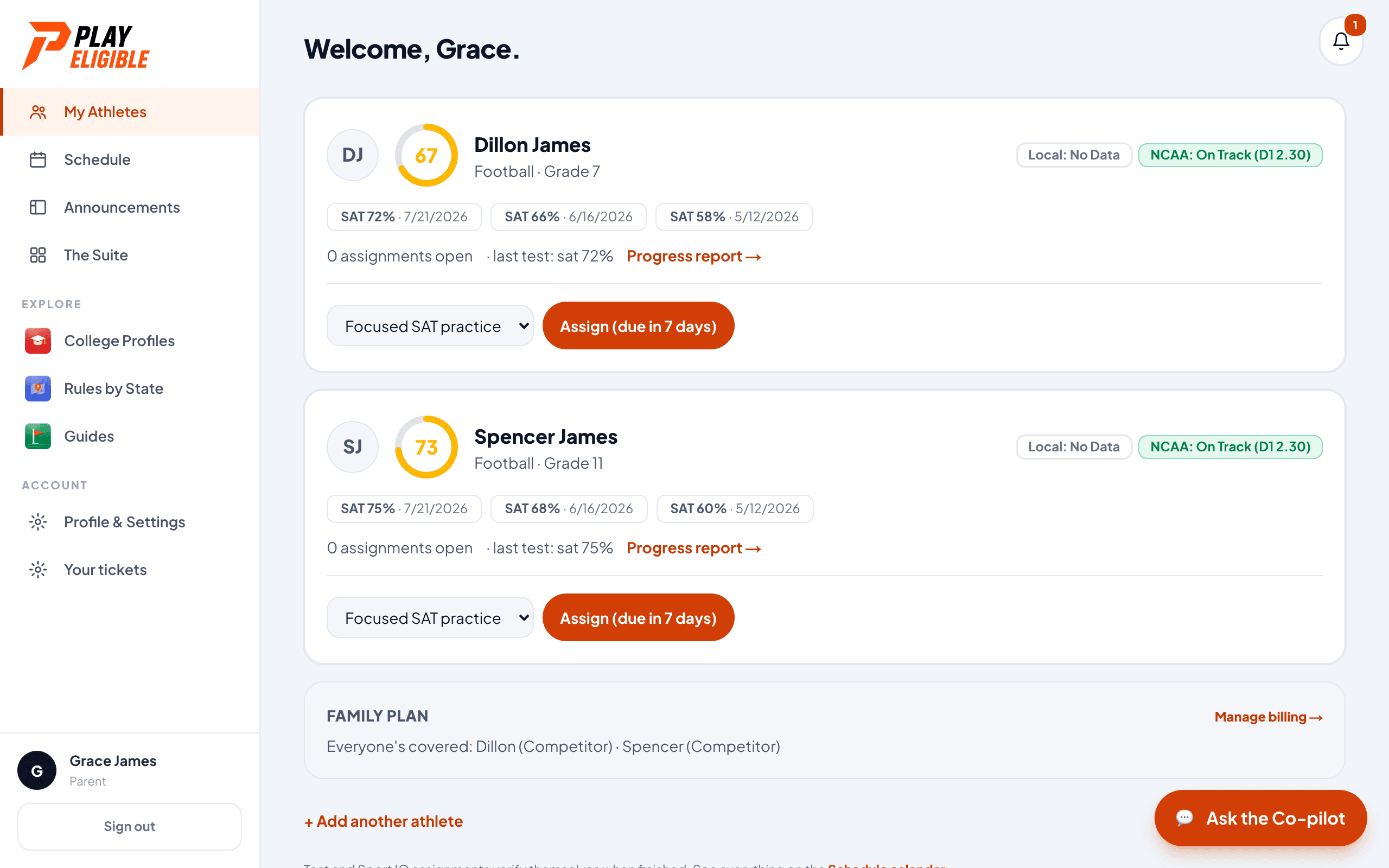 The PlayEligible family dashboard